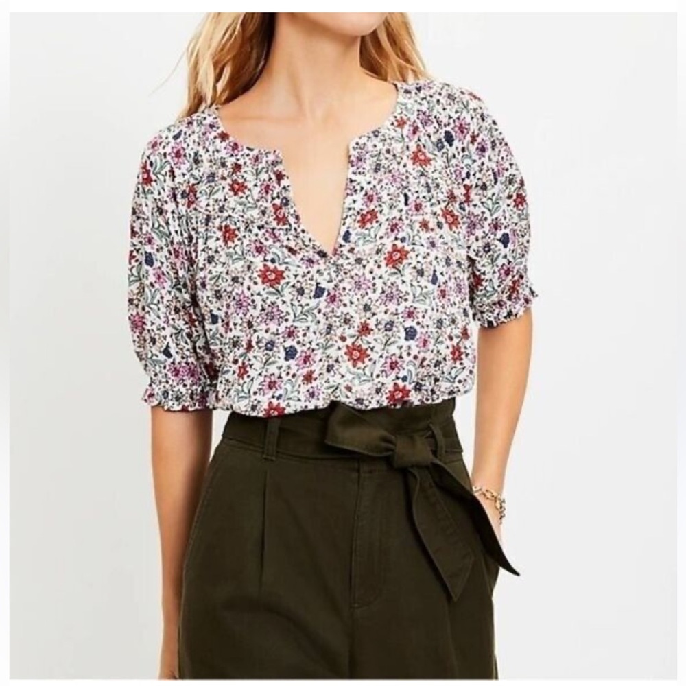 Loft Floral Split Neck Top - Multicolor